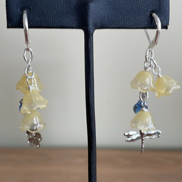 HAND CRAFTED EARRINGS Yellow Flowers Dragonfly and Flower Charms, Blue Drop - Picture 6 of 12